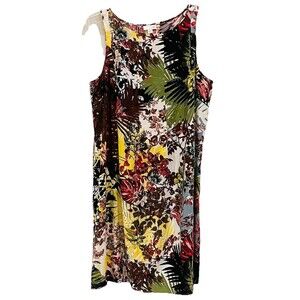 J. Jill Women’s Sleeveless Rayon Shift Dress Artsy Tropical Floral Pockets Sz M
